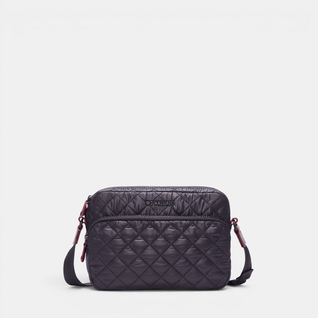 Shop Rescue Spa MZ Wallace black quilted nylon camera crossbody bag with leather trim and adjustable strap.