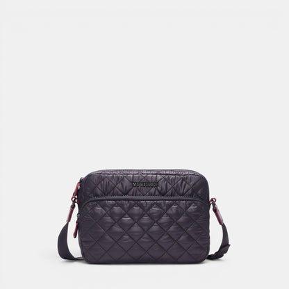 Shop Rescue Spa MZ Wallace black quilted nylon camera crossbody bag with leather trim and adjustable strap.