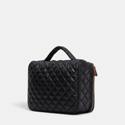 Shop Rescue Spa black quilted cosmetic case with a wraparound zip closure, top handle, and Italian leather trim.