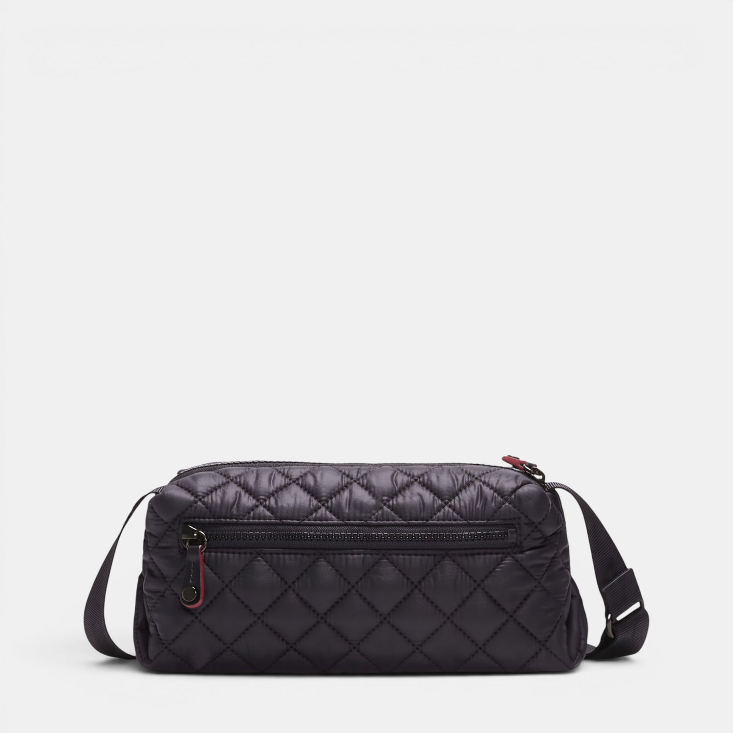 Shop Rescue Spa MZ Wallace black quilted nylon Metro Boxy Crossbody bag with leather trim and adjustable strap.