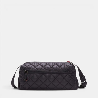 Shop Rescue Spa MZ Wallace black quilted nylon Metro Boxy Crossbody bag with leather trim and adjustable strap.