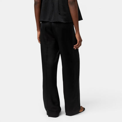 Shop Rescue Spa black woven silk and wool blend straight leg pants with elastic waist.