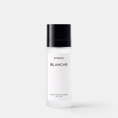Shop Rescue Spa Blanche body mist in a frosted glass bottle with a black cap, featuring a clean floral fragrance.