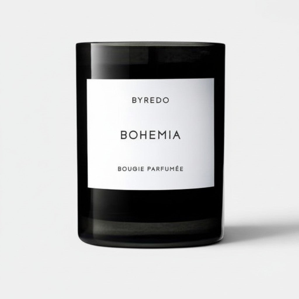 Shop Rescue Spa Bohemia scented candle in a black glass jar with a white label. Woody scent with notes of opoponax, rum, vanilla, sandalwood, and oak moss.