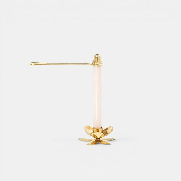 Shop Rescue Spa brass taper candle snuffer with a flower-shaped base and a long handle.