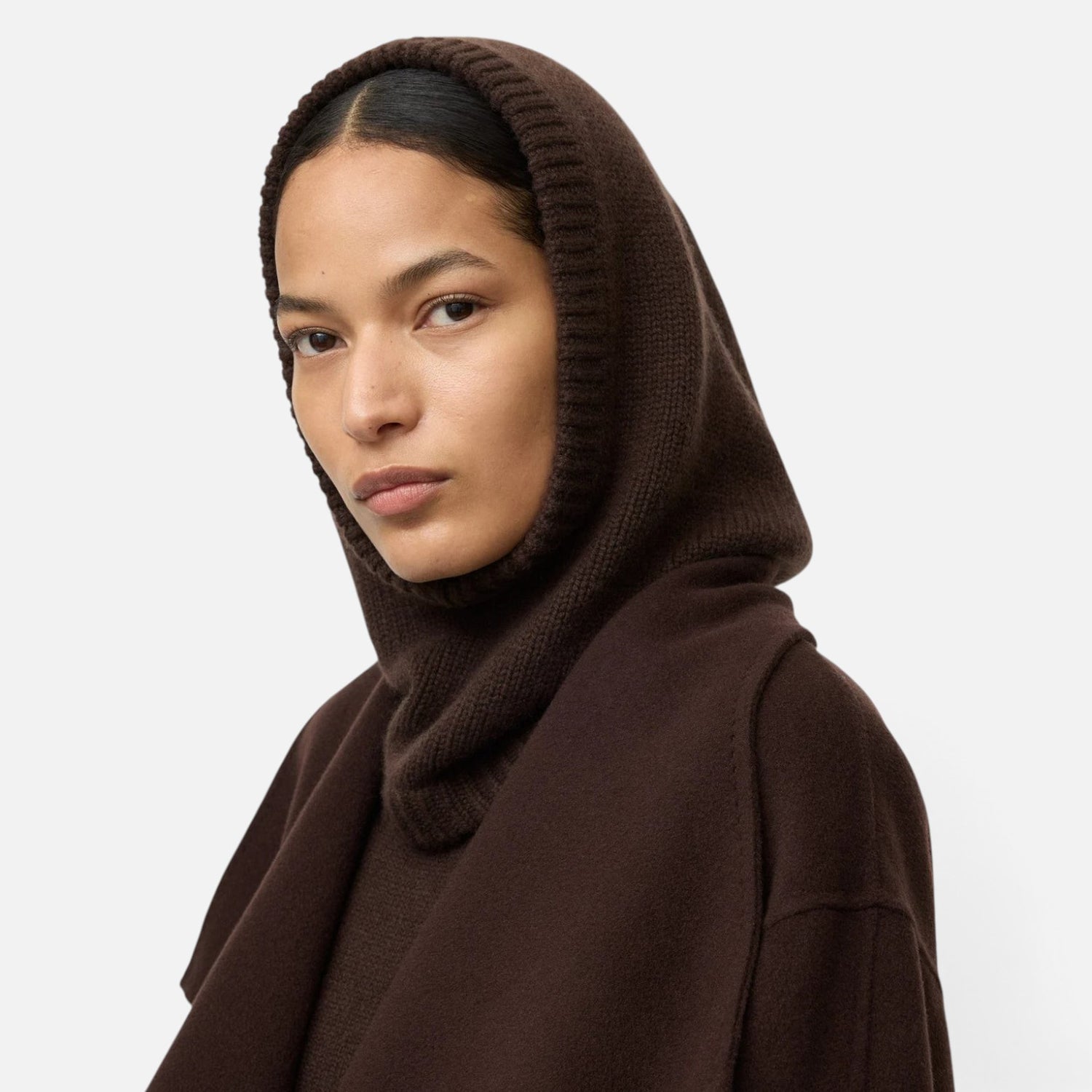 Shop Rescue Spa dark brown chunky knit cashmere balaclava worn by a model against a neutral background
