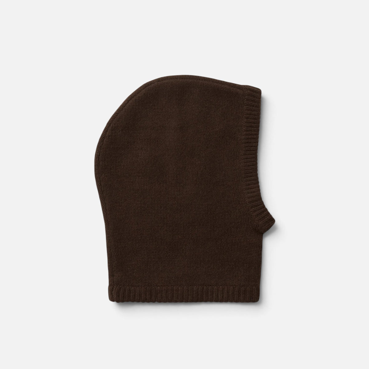 Shop Rescue Spa chunky knit balaclava in dark brown 100% cashmere with a ribbed trim edge