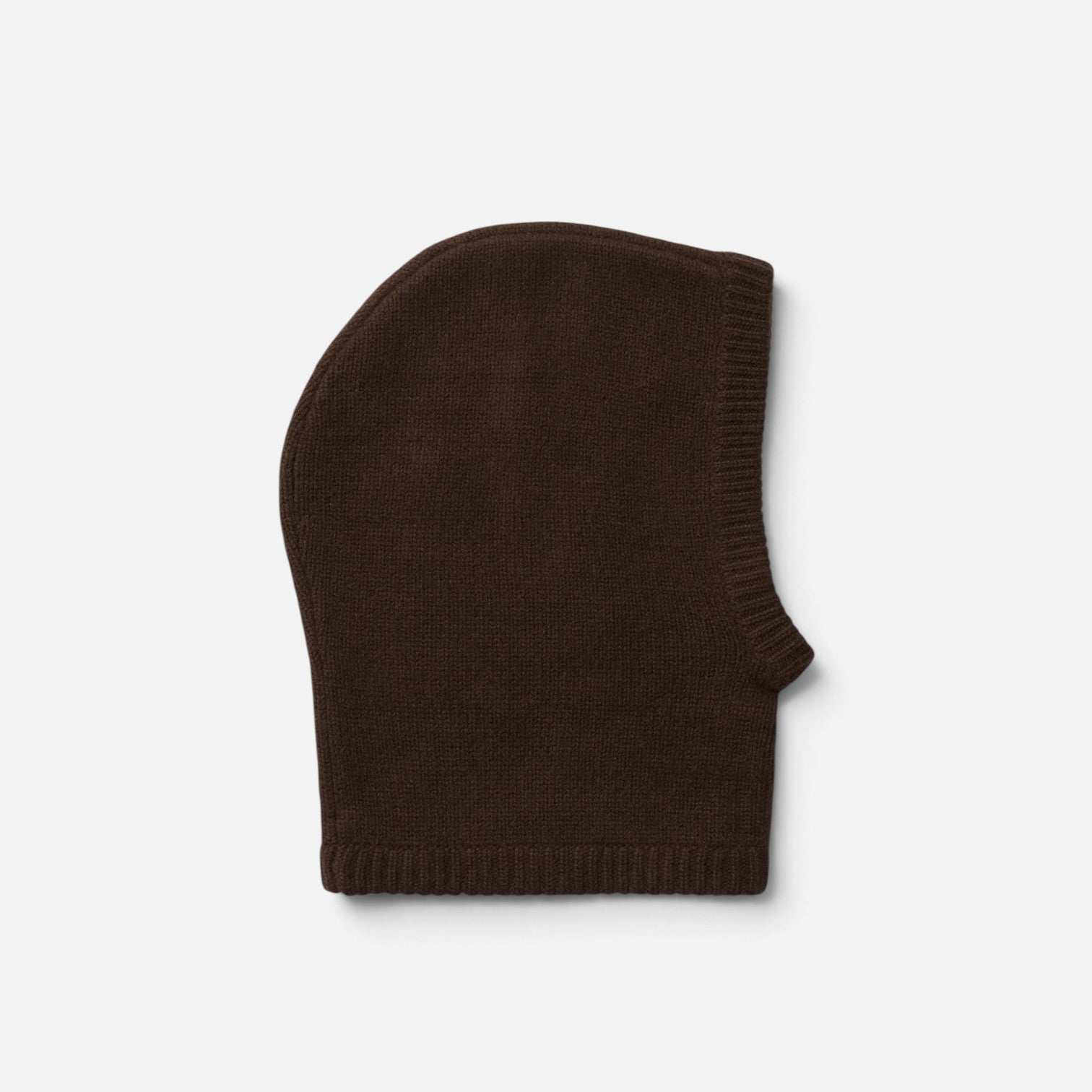 Shop Rescue Spa chunky knit balaclava in dark brown 100% cashmere with a ribbed trim edge