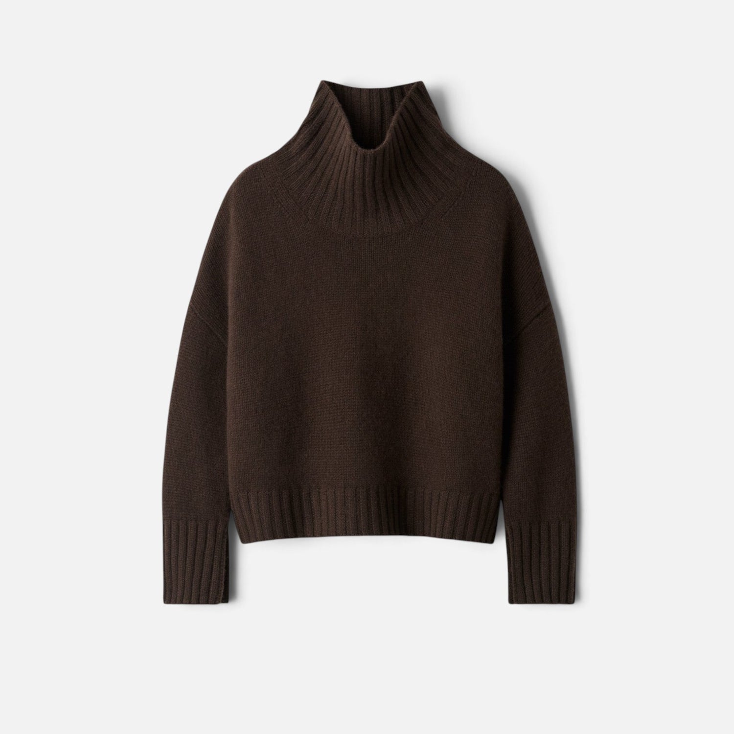 Shop Rescue Spa Girlfriend Turtleneck in dark brown chunky 100% cashmere with relaxed fit and sleeve slits
