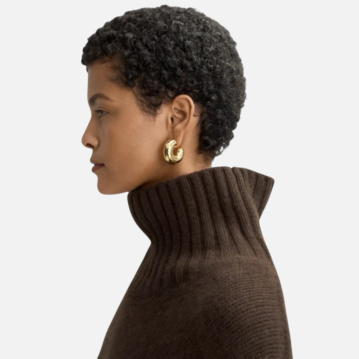 Shop Rescue Spa Girlfriend turtleneck in dark brown chunky cashmere knit worn by a model with gold hoop earrings.