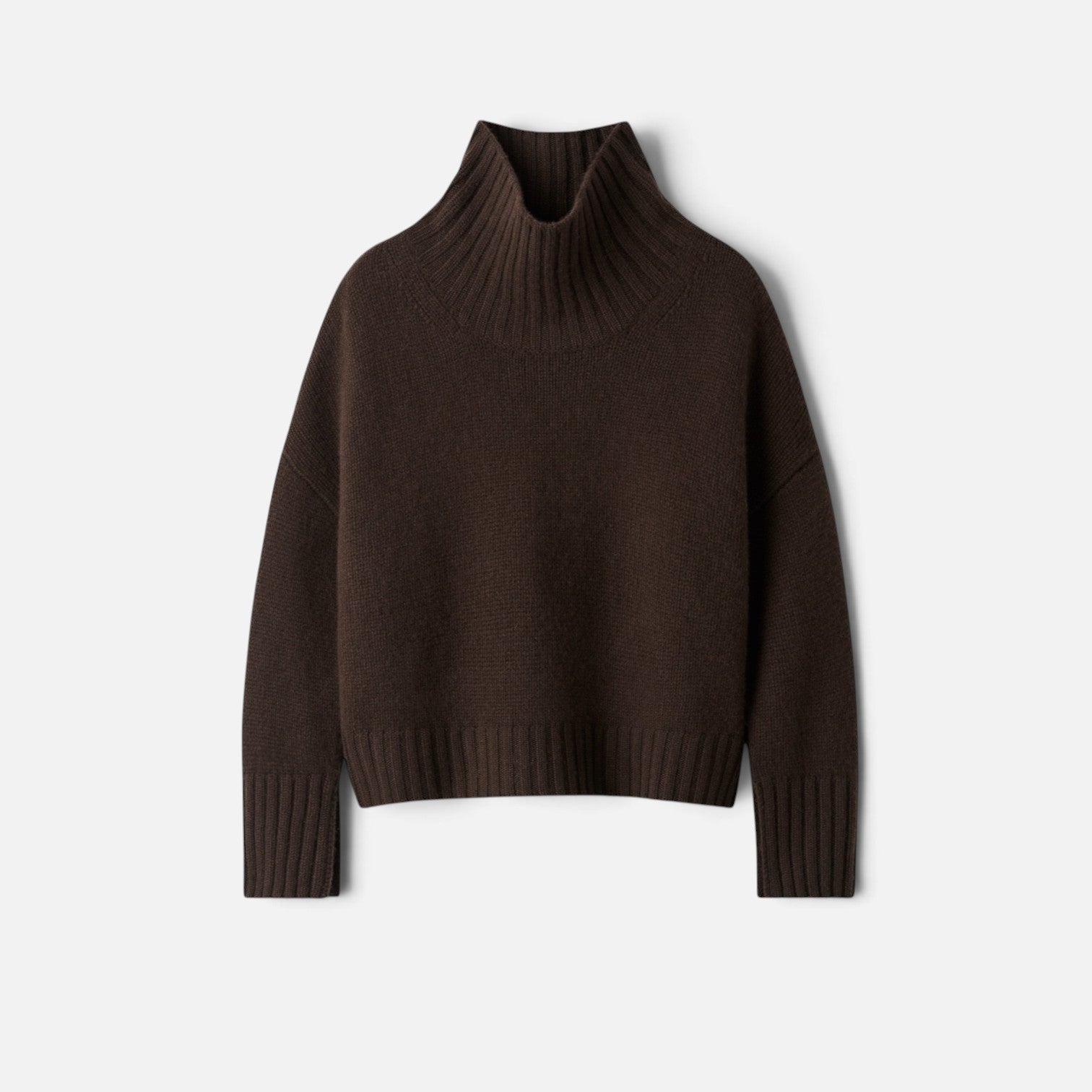 Shop Rescue Spa dark brown chunky knit cashmere turtleneck sweater with relaxed fit and ribbed sleeve cuffs