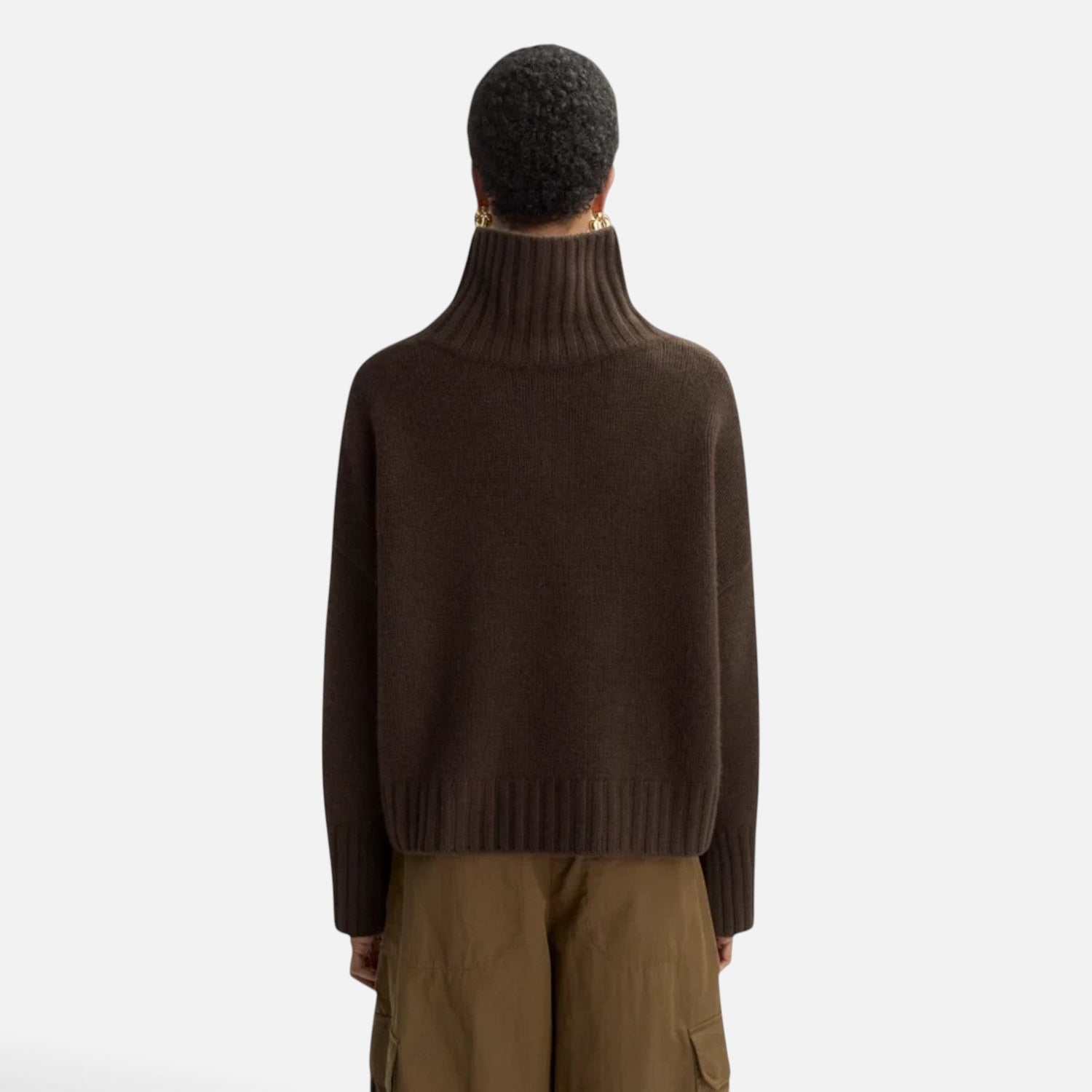 Shop Rescue Spa Girlfriend turtleneck sweater in dark brown chunky cashmere with ribbed collar and sleeve slits