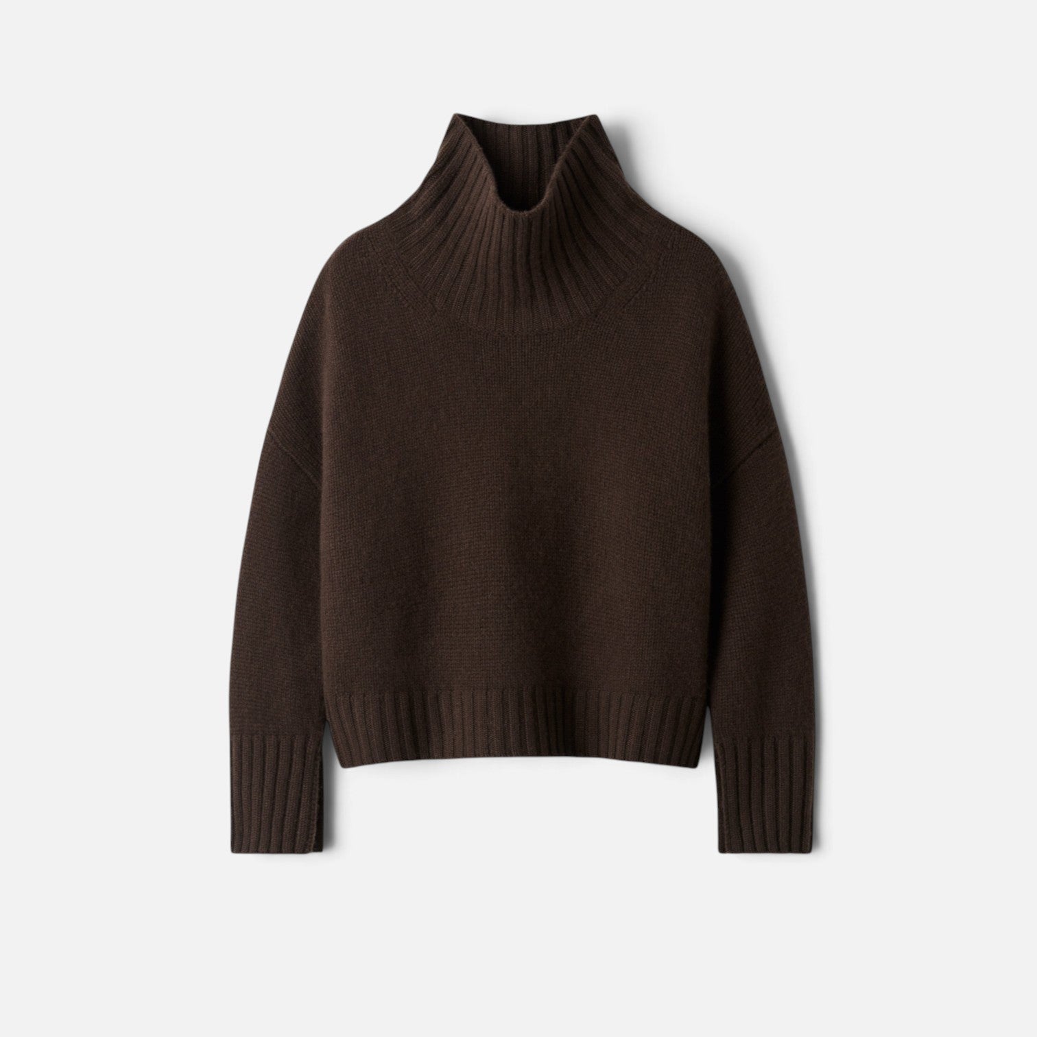 Shop Rescue Spa Girlfriend Turtleneck in dark brown 100% cashmere with a chunky knit and sleeve slits.