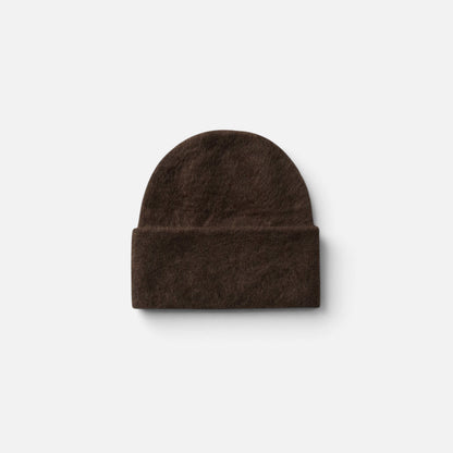 Shop Rescue Spa dark brown brushed cashmere beanie with a soft knit texture and folded cuff