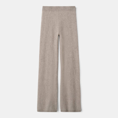 Shop Rescue Spa brushed 100% cashmere knit pants in a neutral beige tone with a comfortable elastic waistband.