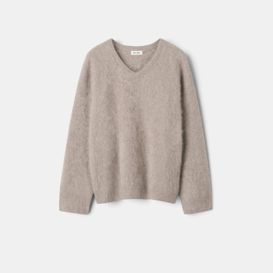 Shop Rescue Spa brushed cashmere v-neck sweater in a soft beige tone with a regular fit and 4-ply knit texture.