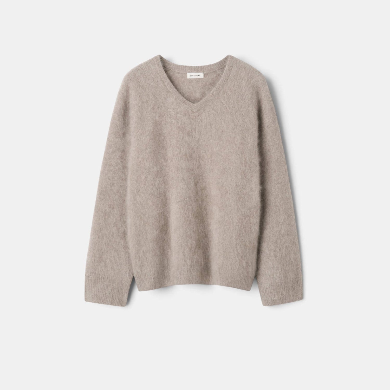Shop Rescue Spa brushed cashmere v-neck sweater in a soft beige tone with a regular fit and 4-ply knit texture.