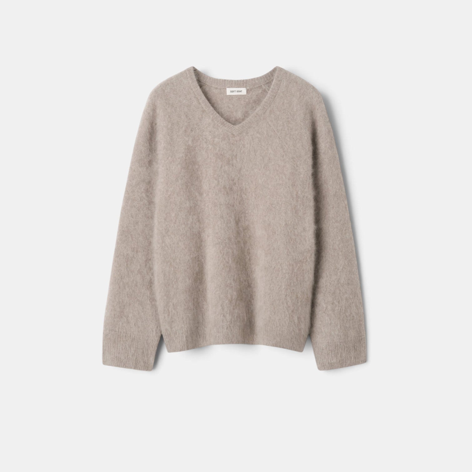 Shop Rescue Spa brushed cashmere v-neck sweater in a soft beige tone with a regular fit and 4-ply knit texture.