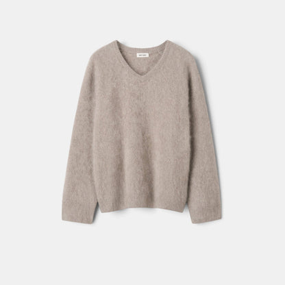 Shop Rescue Spa brushed cashmere v-neck sweater in a soft beige tone with a regular fit and 4-ply knit texture.