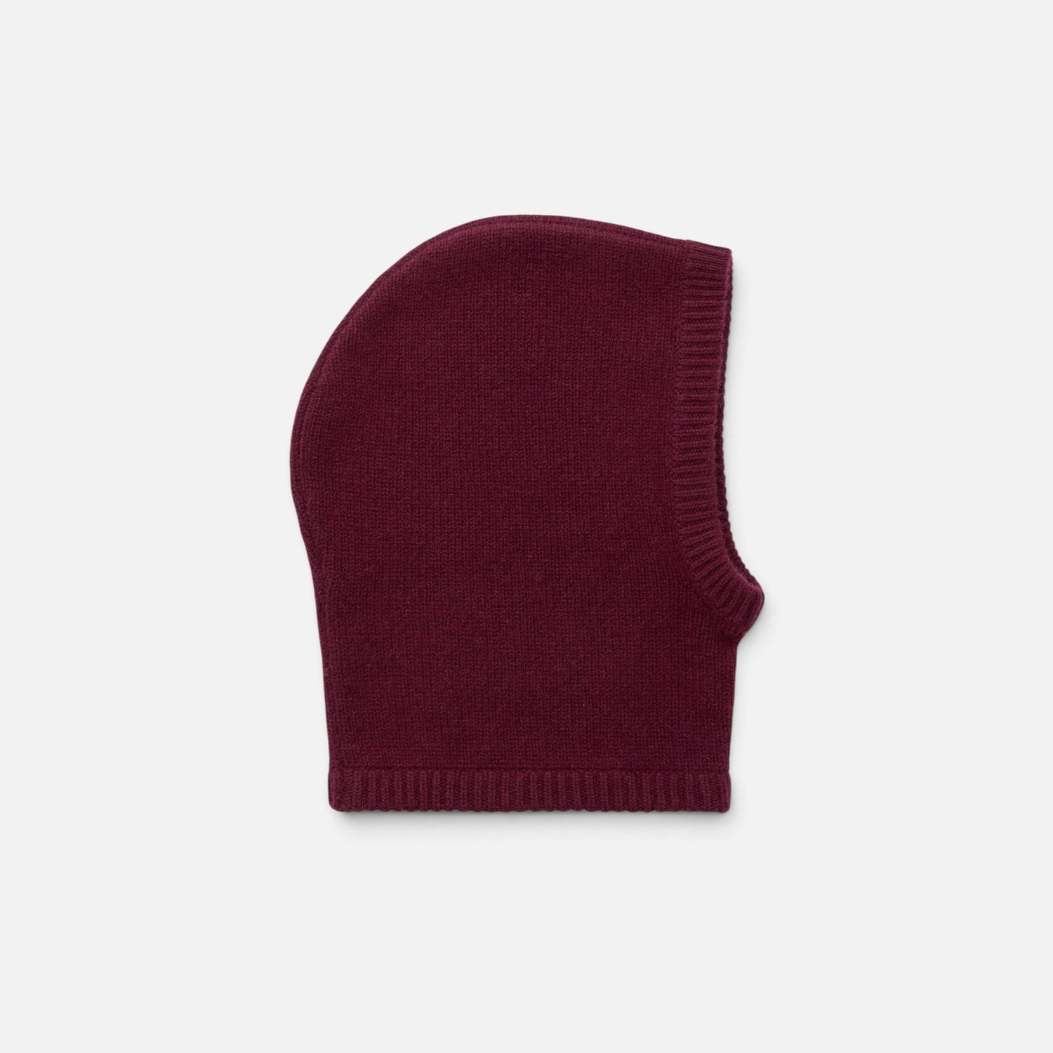 Shop Rescue Spa chunky knit balaclava in deep burgundy 100% cashmere with a ribbed trim