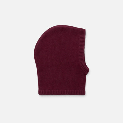 Shop Rescue Spa chunky knit balaclava in deep burgundy 100% cashmere with a ribbed trim