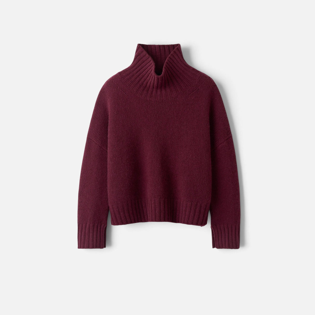 Shop Rescue Spa Girlfriend turtleneck sweater in deep burgundy chunky knit cashmere with sleeve slits