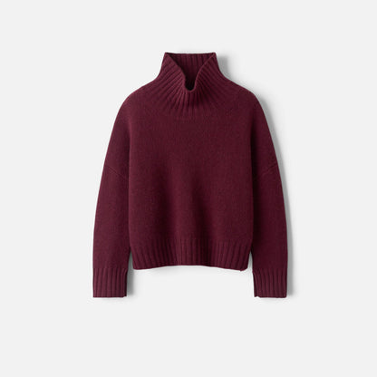Shop Rescue Spa Girlfriend turtleneck sweater in deep burgundy chunky knit cashmere with sleeve slits