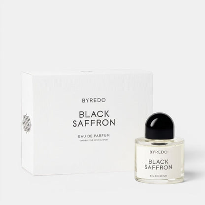 Shop Rescue Spa BYREDO Black Saffron Eau De Parfum bottle with black cap and matching box.