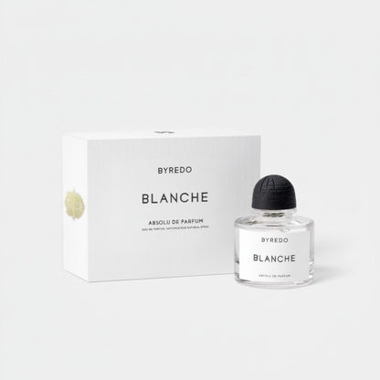 Shop Rescue Spa BYREDO Blanche Absolu Eau de Parfum 50ml bottle and box. White packaging with black text.