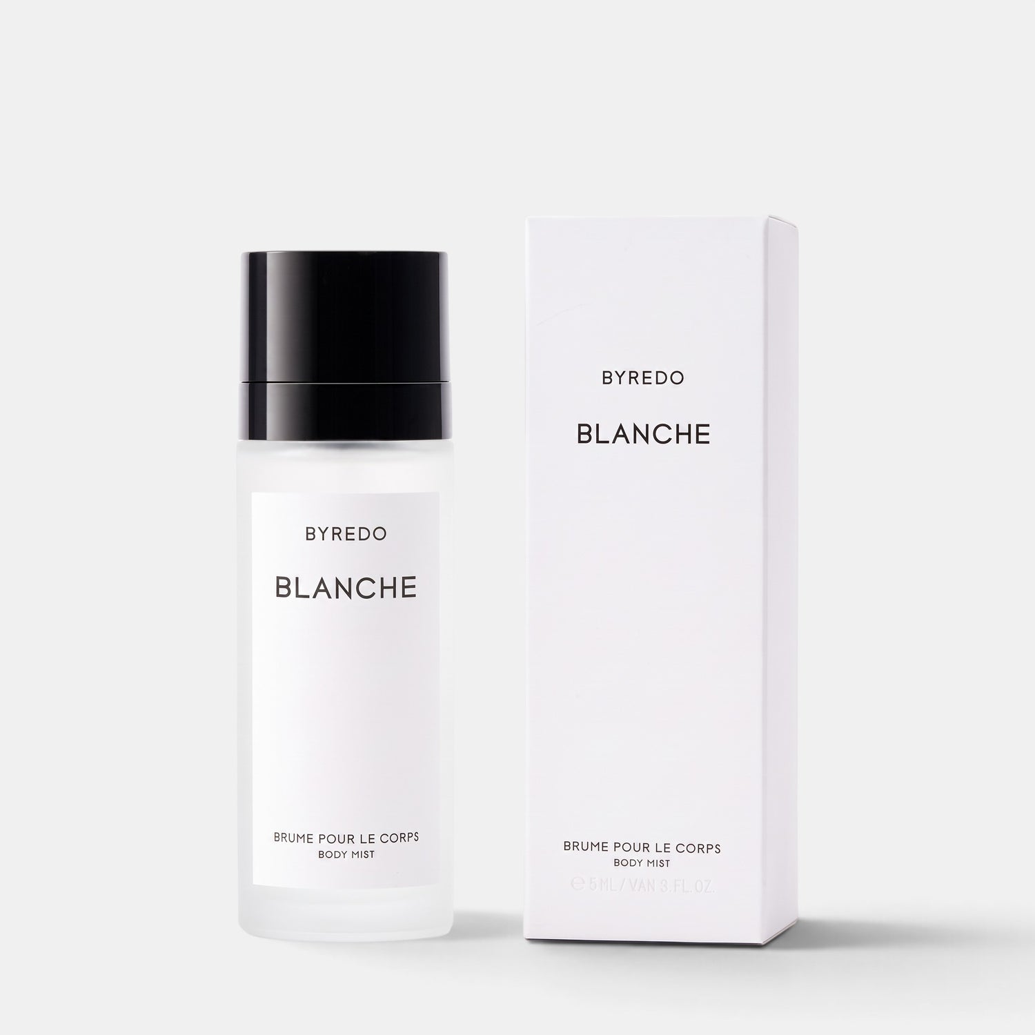 Shop Rescue Spa Byredo Blanche body mist in a frosted glass bottle with a black cap next to its white box packaging.