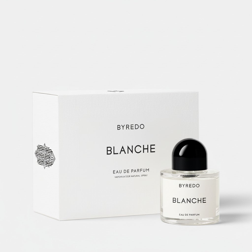 Shop Rescue Spa Byredo Blanche Eau de Parfum bottle and box. Notes of aldehyde, pink pepper, white rose, neroli, peony, violet, blonde woods, musk, and sandalwood.