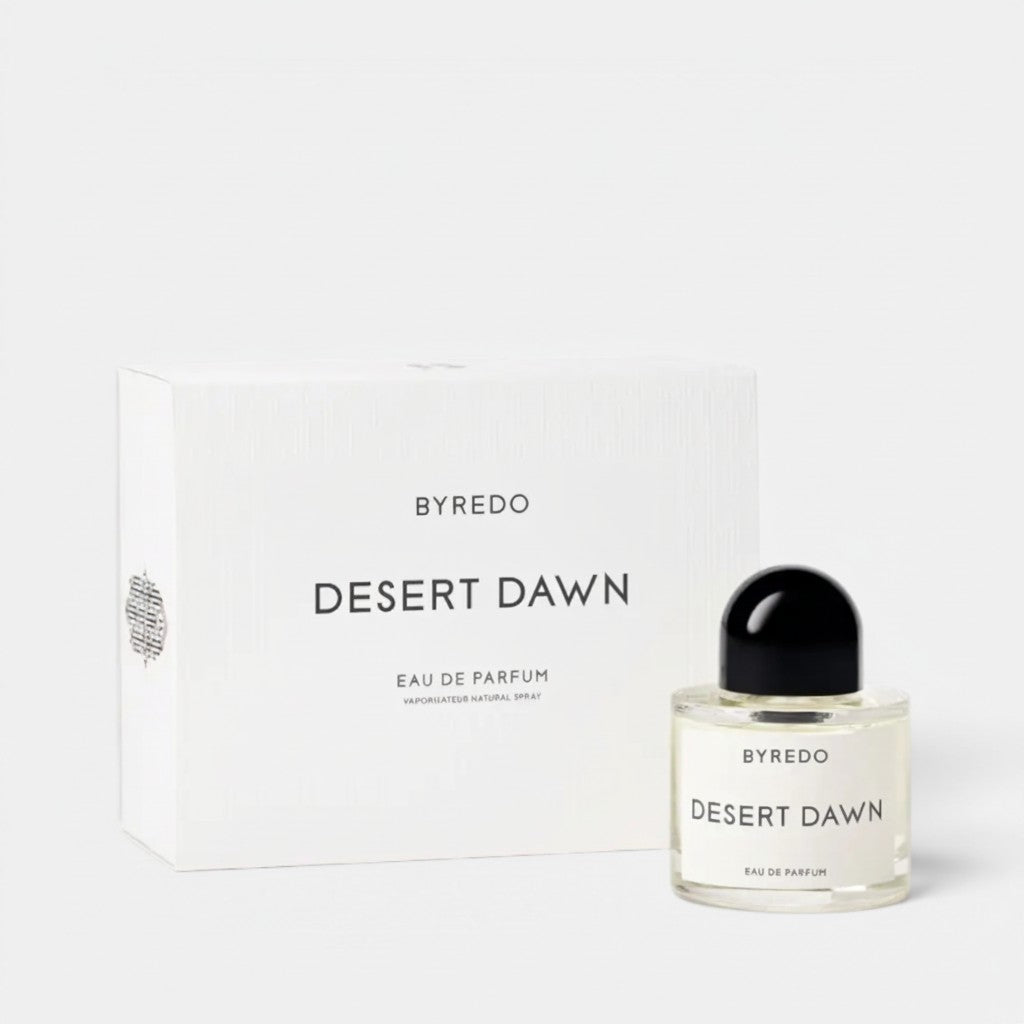 Shop Rescue Spa BYREDO Desert Dawn Eau de Parfum 100ml bottle with box. Notes of cardamom, rose, carrot, cedarwood, sandalwood, papyrus, vetiver, and musk.