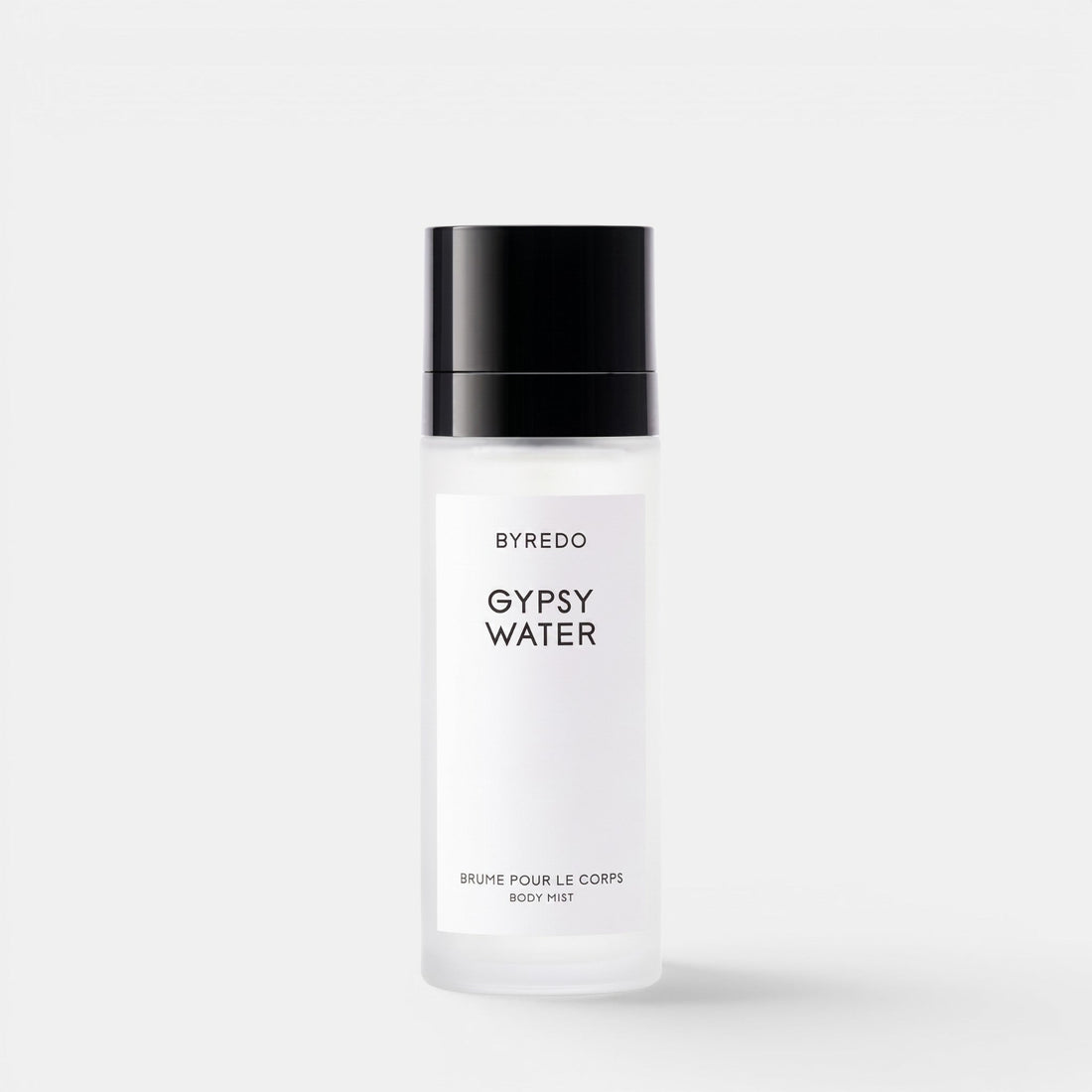Shop Rescue Spa Byredo Gypsy Water body mist in a frosted glass bottle with a black cap on a white background.