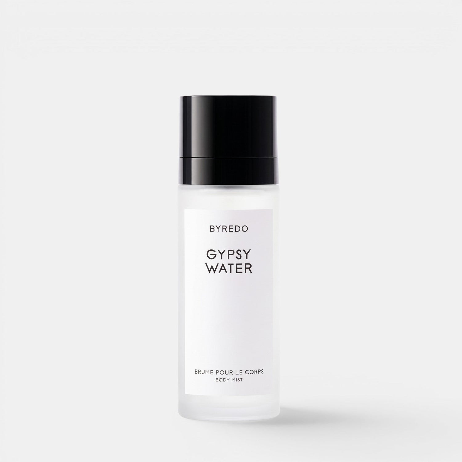 Shop Rescue Spa Byredo Gypsy Water body mist in a frosted glass bottle with a black cap on a white background.
