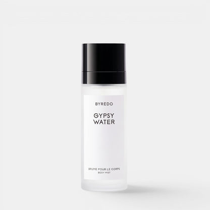 Shop Rescue Spa Byredo Gypsy Water body mist in a frosted glass bottle with a black cap on a white background.