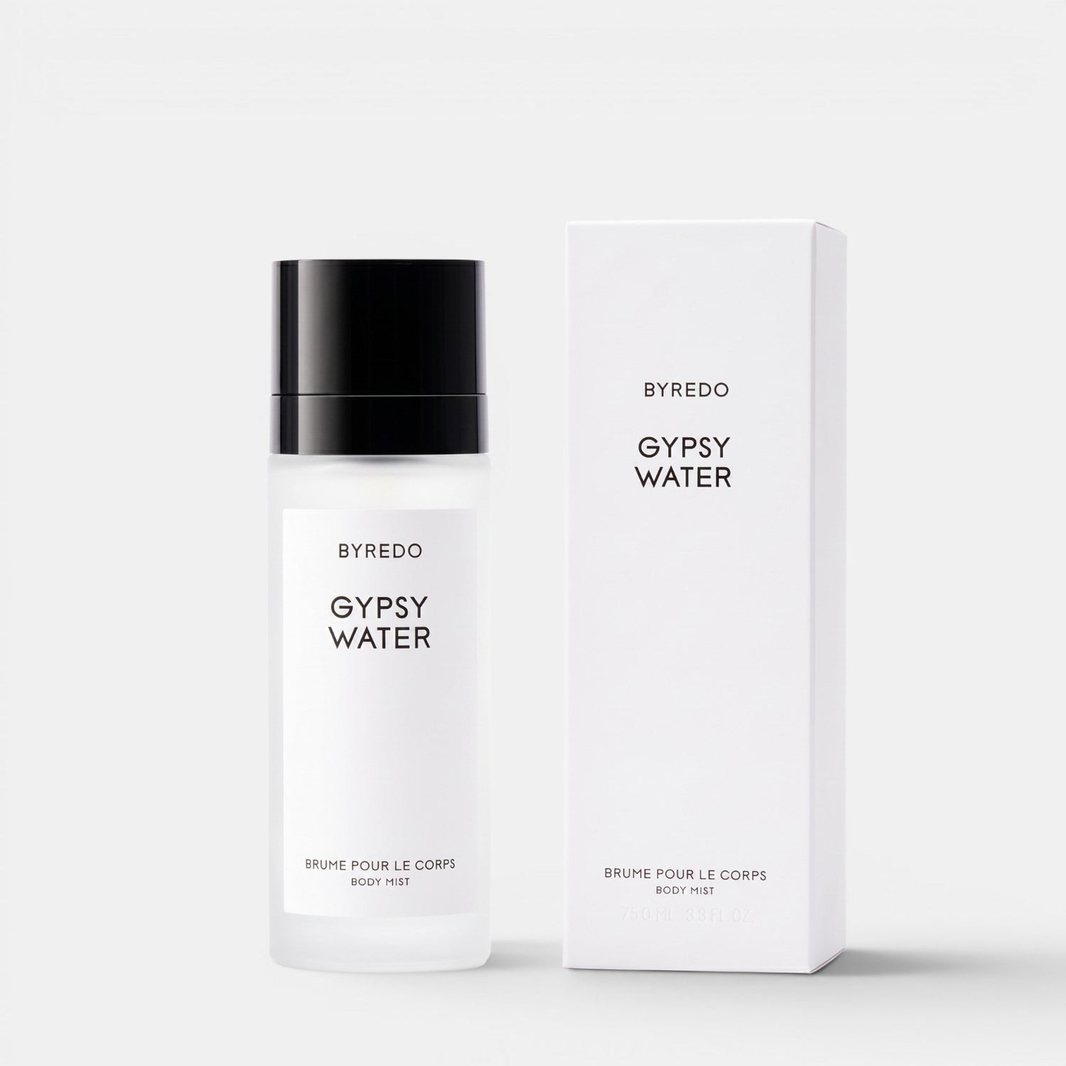 Shop Rescue Spa Byredo Gypsy Water body mist bottle and white packaging box on a clean white background.