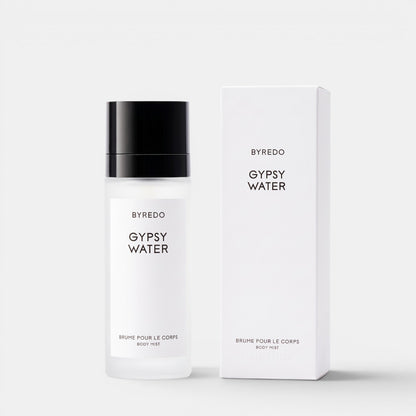 Shop Rescue Spa Byredo Gypsy Water body mist bottle and white packaging box on a clean white background.