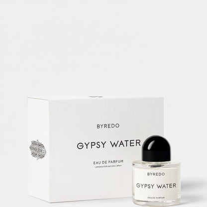 Shop Rescue Spa Byredo Gypsy Water Eau De Parfum bottle with black cap and matching box. Woody, citrus, and amber notes.