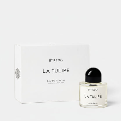 Shop Rescue Spa BYREDO La Tulipe Eau De Parfum with notes of tulip, cyclamen, freesia, rhubarb, blonde woods, and vetiver.
