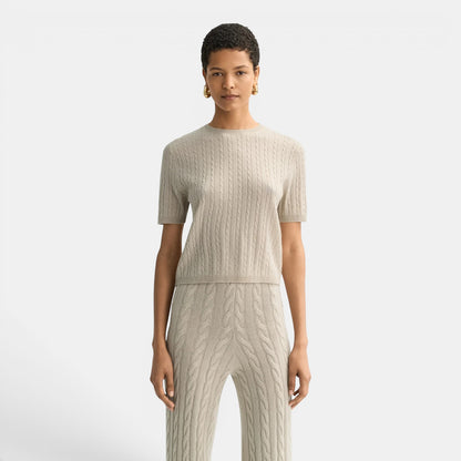 Shop Rescue Spa fitted short sleeve cable knit top in 100% cashmere, light beige.