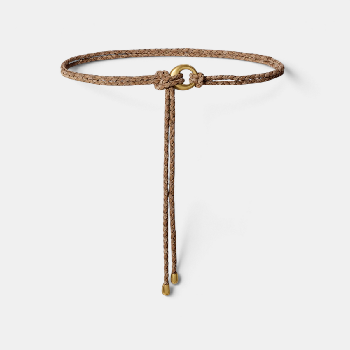 Shop Rescue Spa Salta belt in canyon brown suede and neoprene featuring a braided design and gold-tone metal ring.