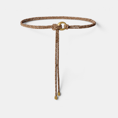 Shop Rescue Spa Salta belt in canyon brown suede and neoprene featuring a braided design and gold-tone metal ring.