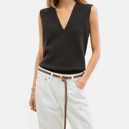 Shop Rescue Spa Salta belt in canyon brown braided suede and neoprene worn with white jeans and a black vest