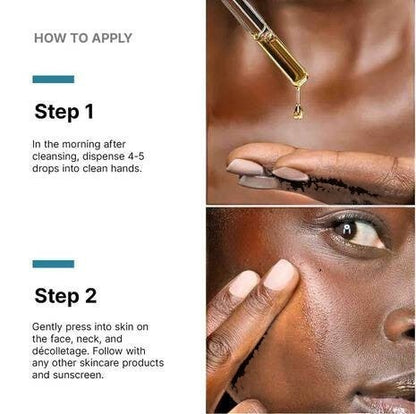 Shop Rescue Spa C E Ferulic vitamin C serum application steps showing a dropper and serum being applied to skin