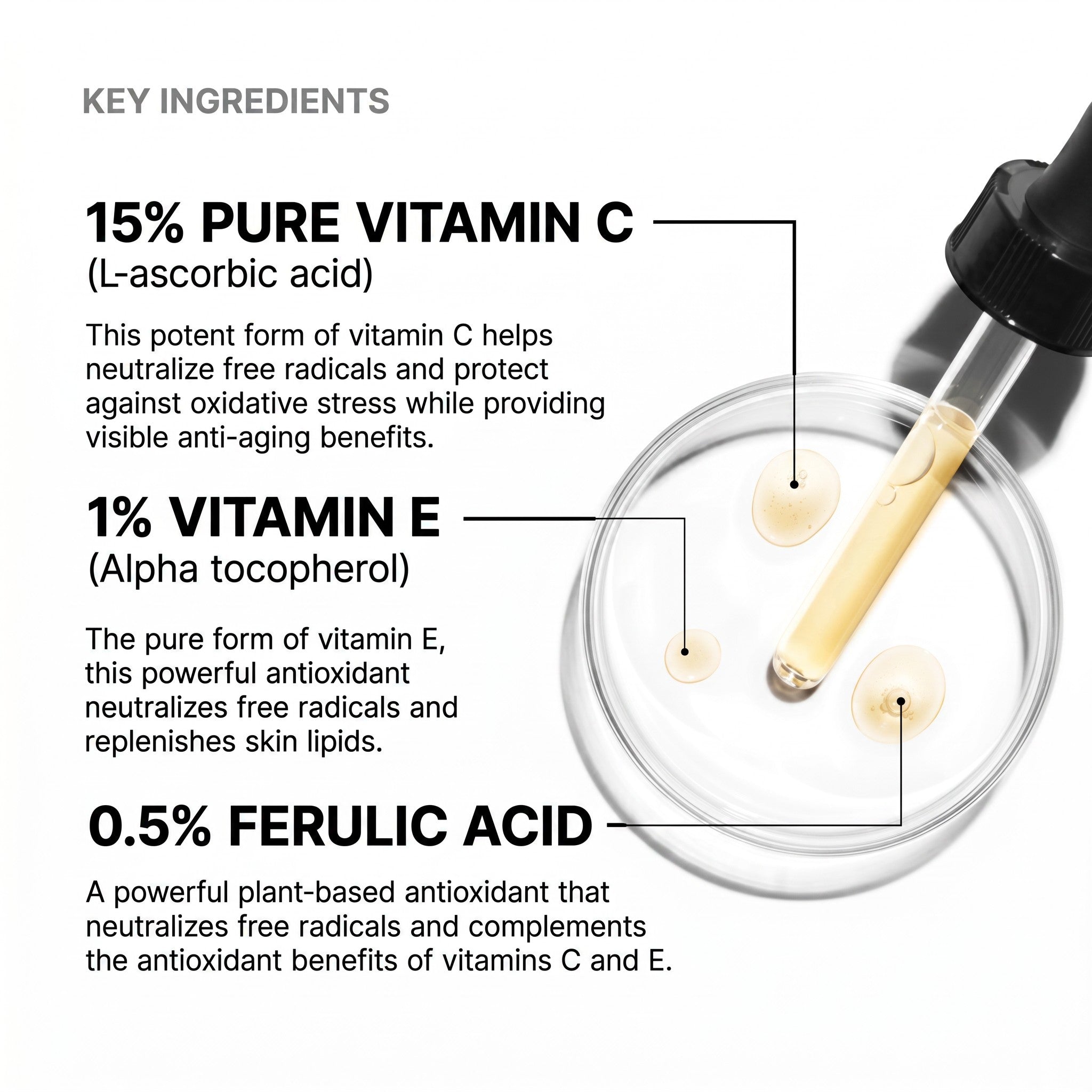 Shop Rescue Spa C E Ferulic serum ingredients list showing vitamin C, vitamin E, and ferulic acid in a glass dropper