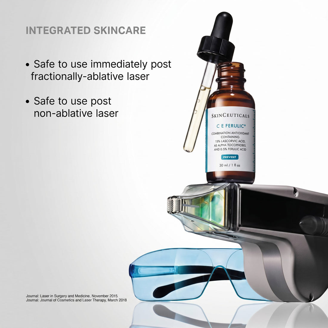 Shop Rescue Spa SkinCeuticals C E Ferulic antioxidant serum bottle with dropper resting on a laser treatment device