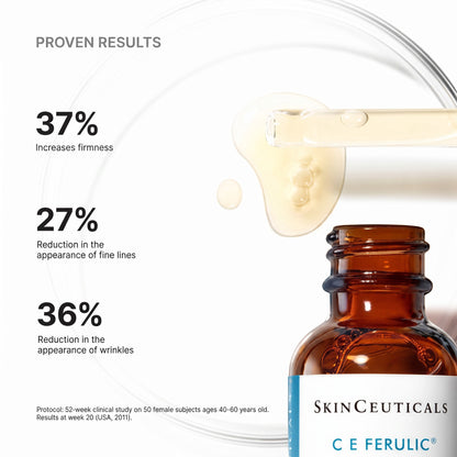 Shop Rescue Spa C E Ferulic vitamin C serum bottle with dropper showing clinical results for skin firmness and aging