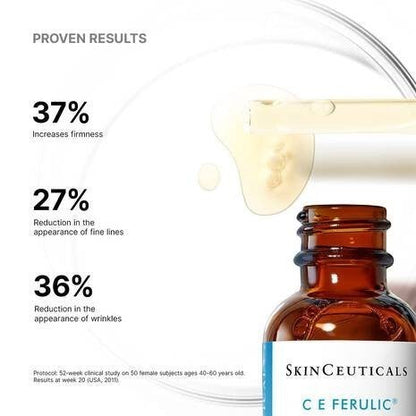 Shop Rescue Spa C E Ferulic serum bottle with dropper showing clinical results for skin firmness and wrinkle reduction