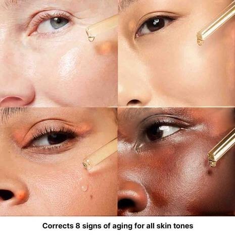 Shop Rescue Spa C E Ferulic vitamin C serum being applied to diverse skin tones to improve radiance and reduce aging