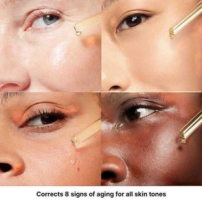 Shop Rescue Spa C E Ferulic vitamin C serum being applied to diverse skin tones to improve radiance and reduce aging